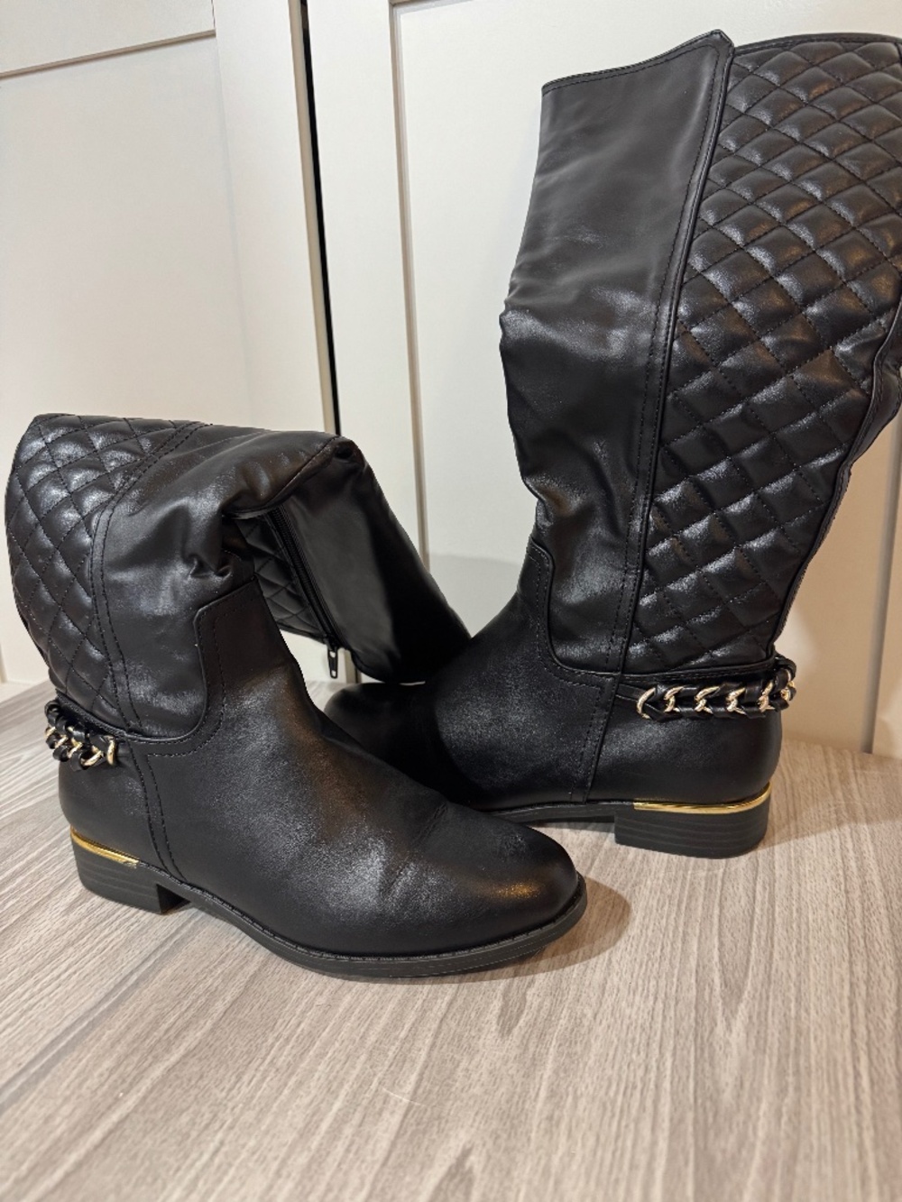Black Faux Textured Leather Boots